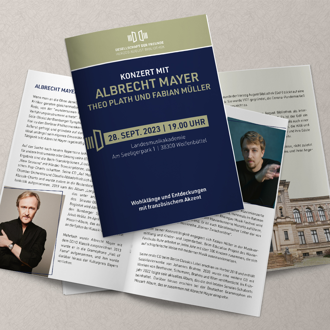 Programmheft der Gesellschaft der Freunde für das Konzert mit Albrecht Mayer, Theo Plath und Fabian Müller